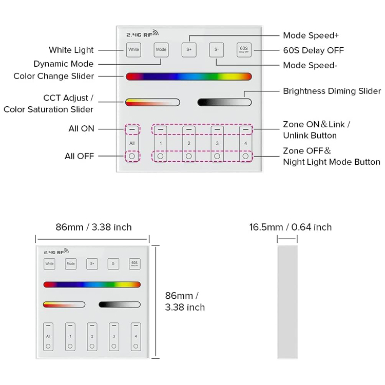 RGB RGBW RGBCCT Wireless 2.4G RF 4 Zones Wall Mounted Smart Panel WR01RF - Imagen 2